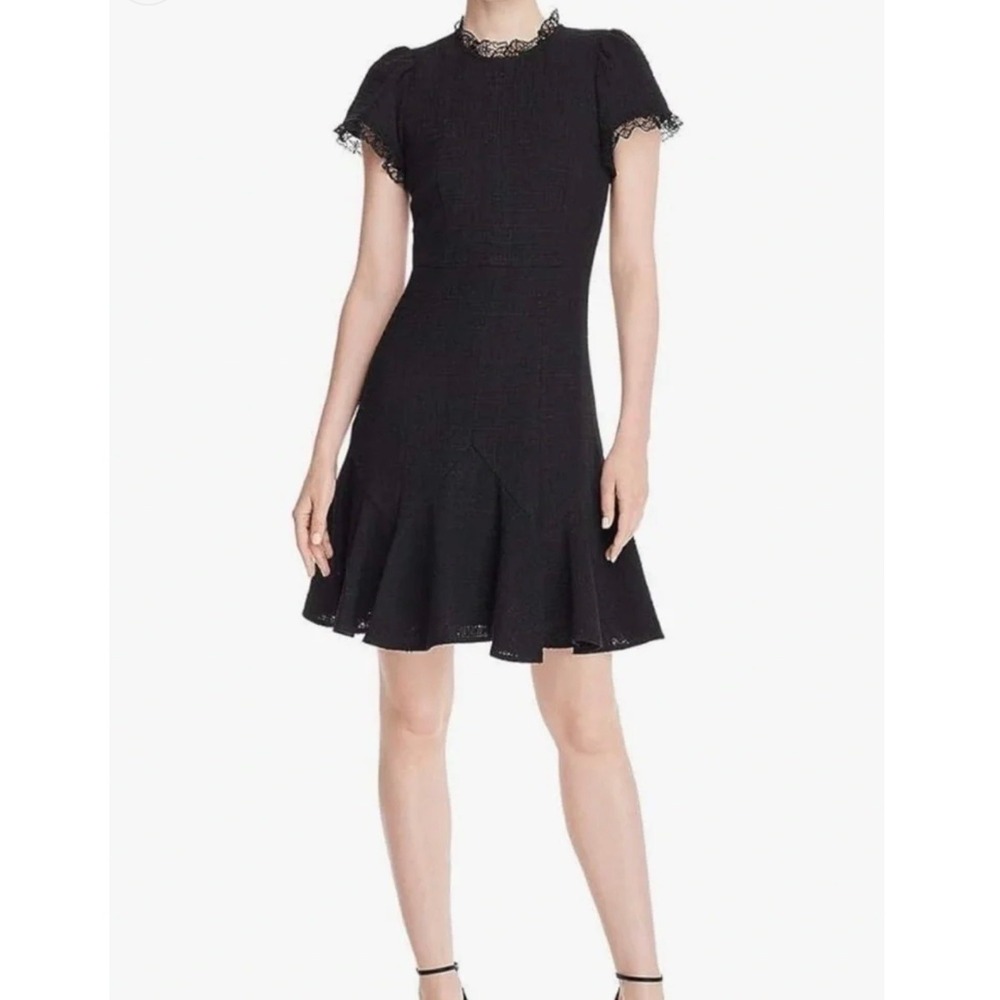 Rebecca Taylor Black Tweed‎ Lace Trim Dress Size 12 Cocktail LBD